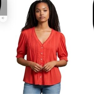 Lands' End Vibrant Orange Casual Dress Pleated Smocked  Pullover Blouse